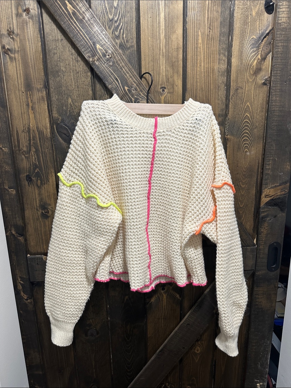 Altar'd State Cream Knit Crewneck Sweater with Neon Trim